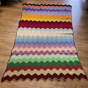 Vintage Crochet Afghan Throw Blanket 36 X 64 Multi Color Zig Zag Handmade Granny